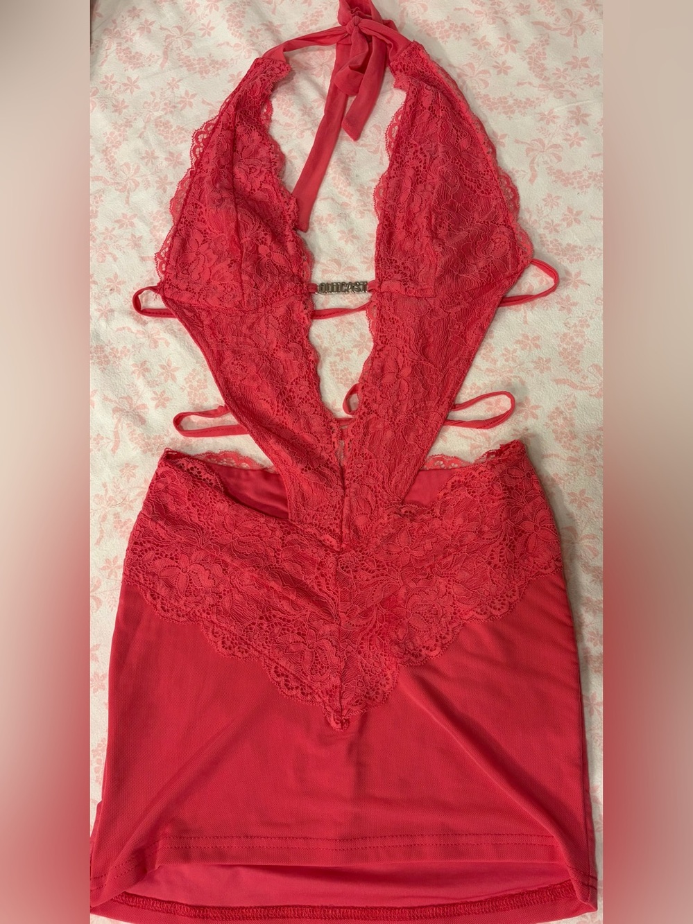 OUTCAST Icon Slim Fit Lace Double Layered Deep V-Neck Halter Dress Hot Pink XXS